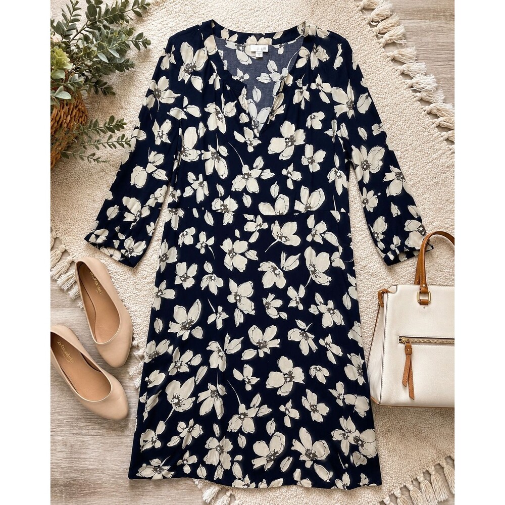 J. Jill Dress Womens M Navy Ivory Floral 100% Rayon Side Zip V-Neck 3/4 Sleeve